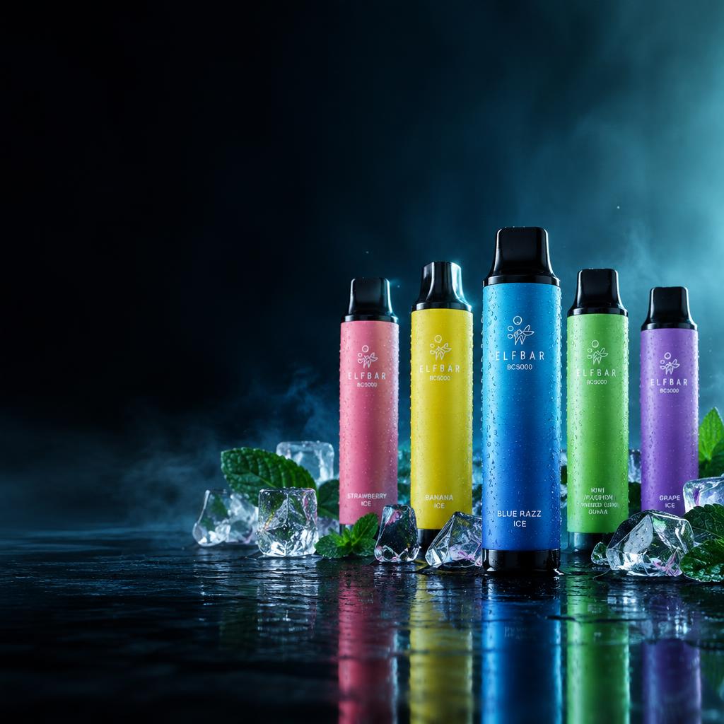 Colourful disposable vapes on ice with condensation droplets